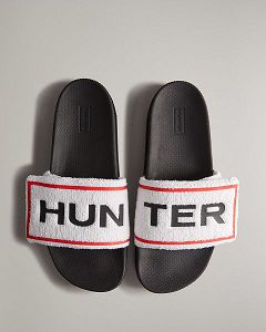 White / Black Hunter Terry Towelling Logo Adjustable Men's Slides | Ireland-43079